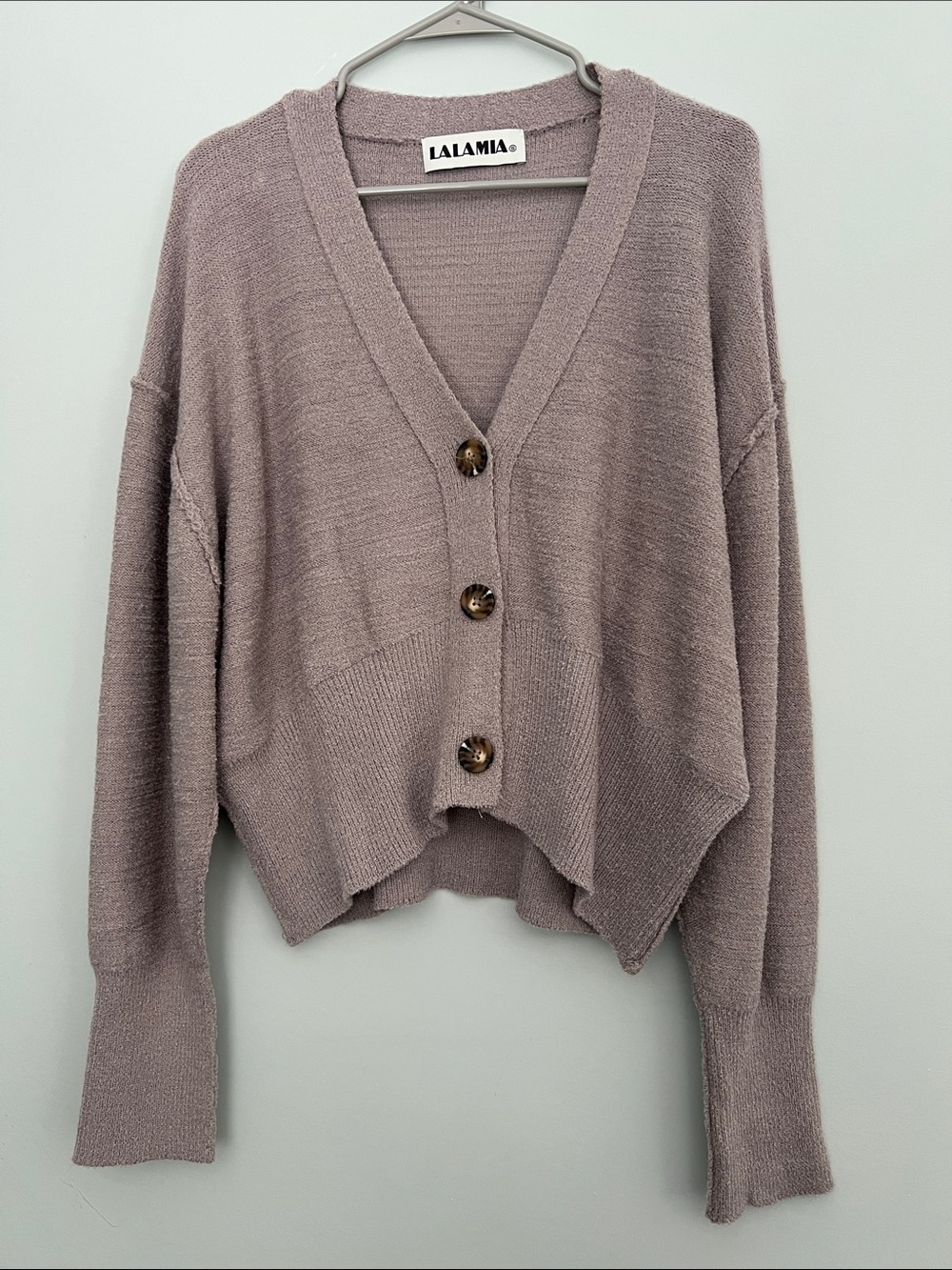 LALAMIA Oversized Cropped V-Neck Cardigan Sweater - Dusty Taupe Mauve Sz S